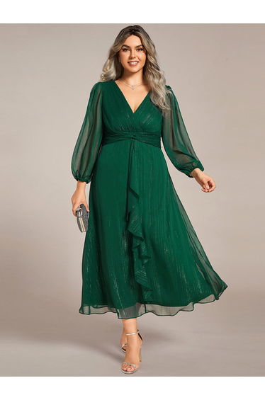 pretty EMBER|Plus Size Twist Knot Louts Leaf Long Sleeve A-Line Evening Dress