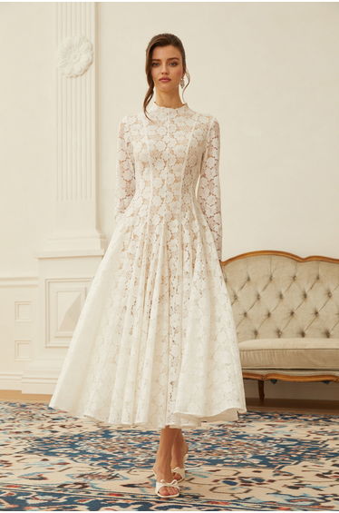 Bronte White Pleated Floral Lace Midi Dress