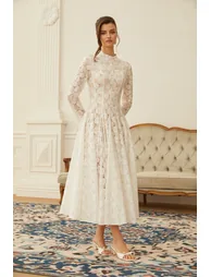 Bronte White Pleated Floral Lace Midi Dress - 4