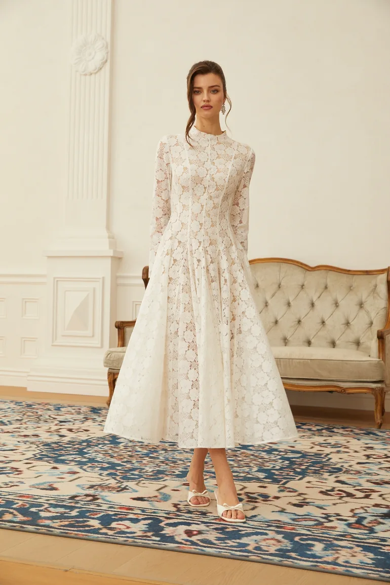 Bronte White Pleated Floral Lace Midi Dress - 3