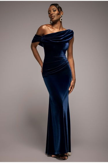 Cowl One Shoulder Velvet Maxi Dress - Navy Blue by Goddiva