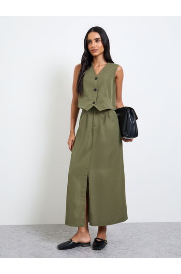 Olive Sleeveless Waistcoat and Skirt Co-Ord Set