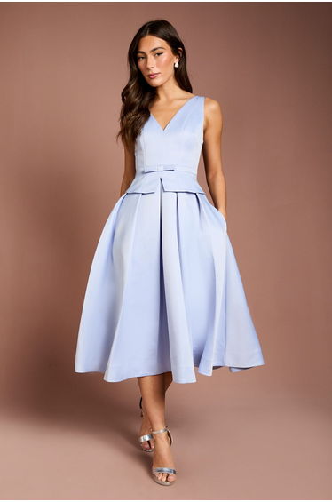 Lisa Tan Structured Satin Pleated Peplum Midi Dress