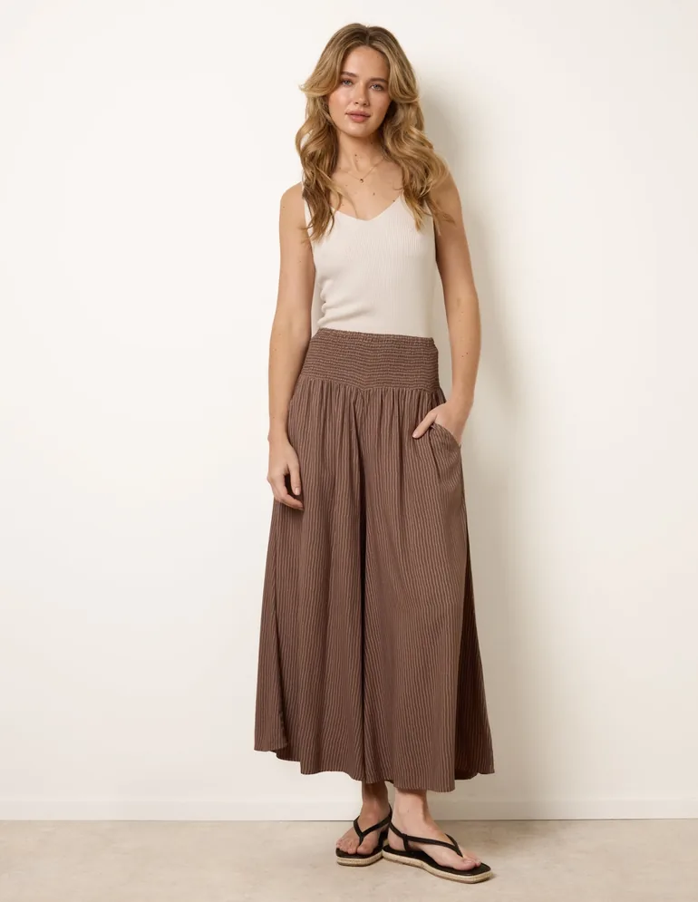 Wide Leg Shirred Waist Wavy Trousers