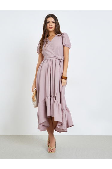 Pink Wrap Maxi Dress with Puff Sleeves