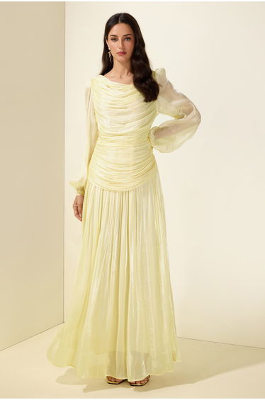 Boat Neck Long Sleeve Gathering Bodycon Maxi Dress
