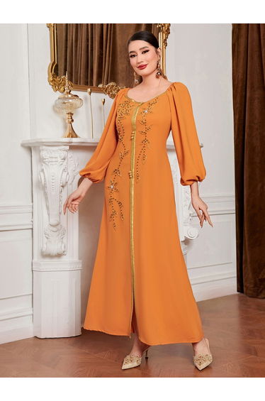 Women Orange Rhinestone Embellished Golden Trim Jalabiya