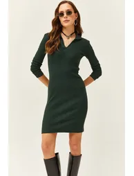 Women's Emerald Green Polo Neck Lycra Raised Dress - 3