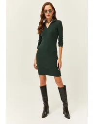 Women's Emerald Green Polo Neck Lycra Raised Dress - 1