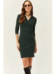 Women's Emerald Green Polo Neck Lycra Raised Dress - 2