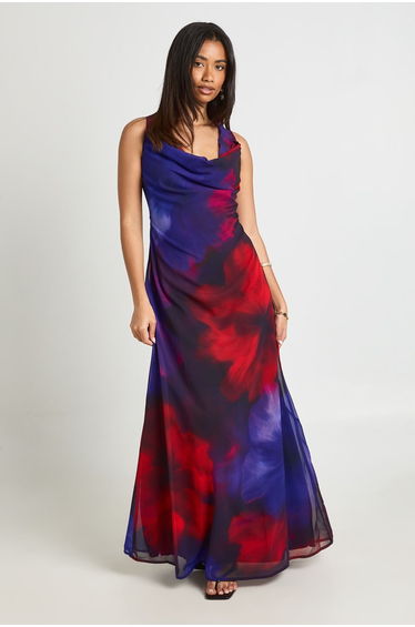 Chiffon Floral Cowl Neck Maxi Dress - cobalt