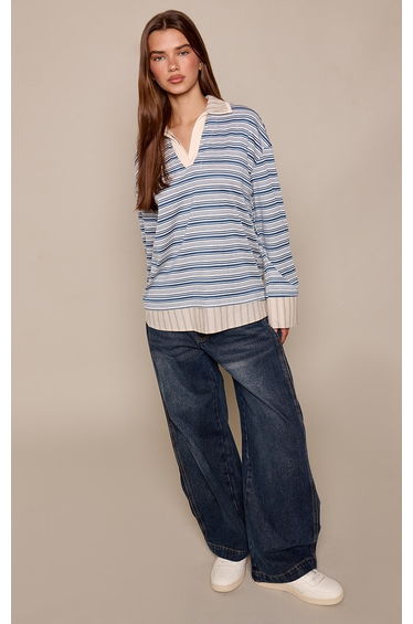 Blue Contrast Stripe Long Sleeve Rugby Style Shirt