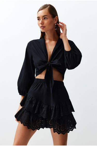 Black Mini Woven Ruffle 100% Cotton Skirt