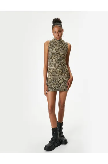Leopard Patterned Mini Dress Draped Sleeveless High Collar Slim Fit