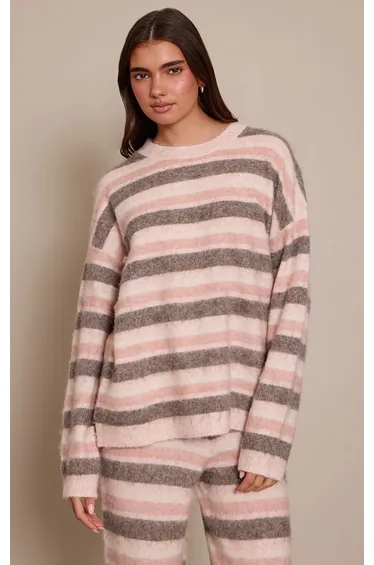 سترة بريتي ليتل ثينق زهري بطبعة مخططة محبوك بأكمام طويلة