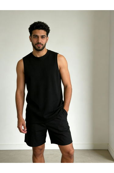 Men Black Solid Round Neck Tank and Shorts Co-Ords