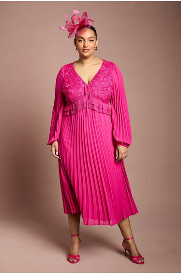 Plus Lace Insert Long Sleeve Pleat Dress