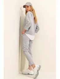 Women's Gray Wide Collar Elastic Waist, Double Pockets, Stitched Front Two Threads Bottom and Top Set - 5