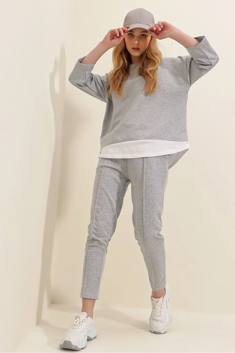Women's Gray Wide Collar Elastic Waist, Double Pockets, Stitched Front Two Threads Bottom and Top Set - 4