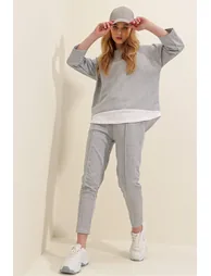 Women's Gray Wide Collar Elastic Waist, Double Pockets, Stitched Front Two Threads Bottom and Top Set - 4
