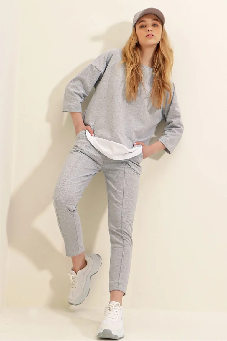 Women's Gray Wide Collar Elastic Waist, Double Pockets, Stitched Front Two Threads Bottom and Top Set - 3