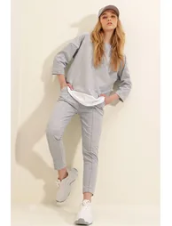 Women's Gray Wide Collar Elastic Waist, Double Pockets, Stitched Front Two Threads Bottom and Top Set - 3