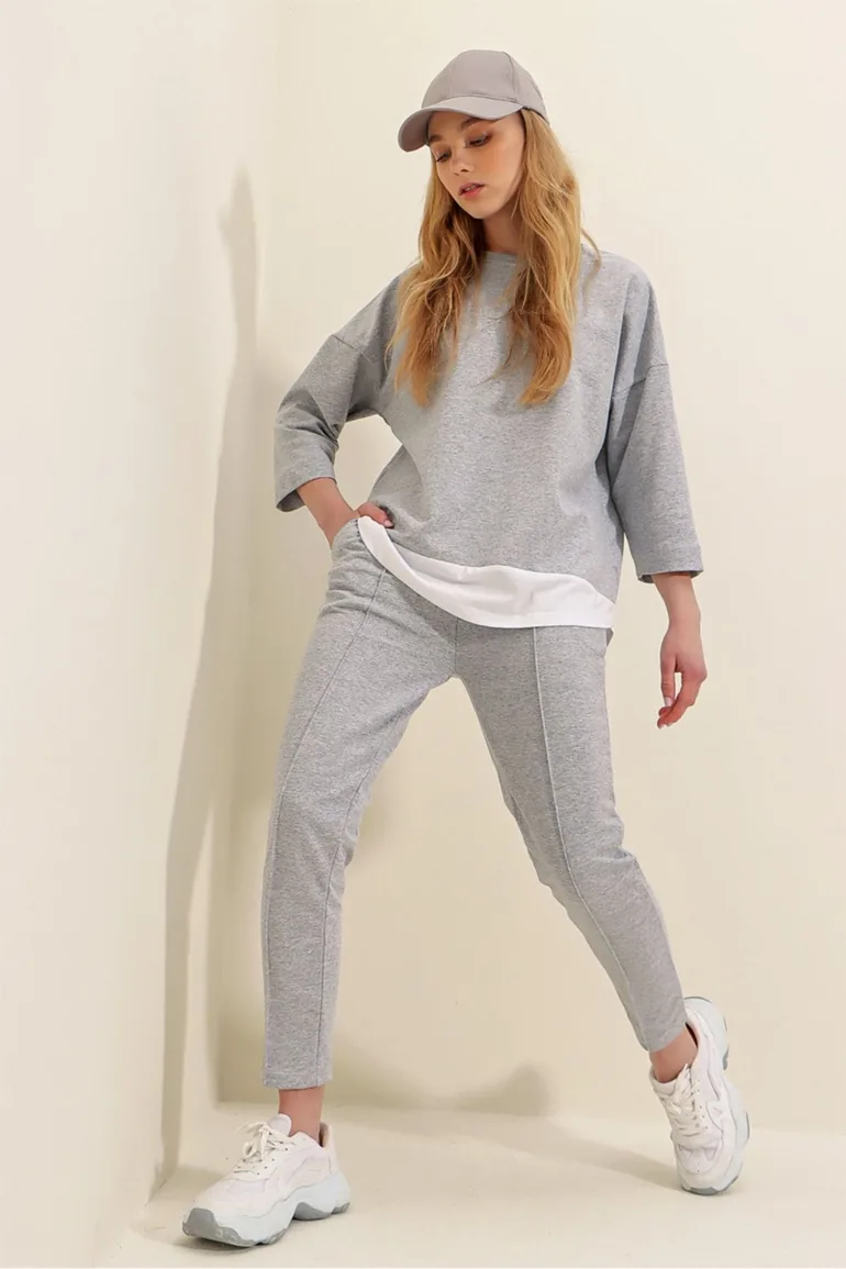 Women's Gray Wide Collar Elastic Waist, Double Pockets, Stitched Front Two Threads Bottom and Top Set - 1