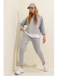 Women's Gray Wide Collar Elastic Waist, Double Pockets, Stitched Front Two Threads Bottom and Top Set - 1