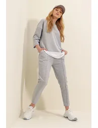 Women's Gray Wide Collar Elastic Waist, Double Pockets, Stitched Front Two Threads Bottom and Top Set - 2