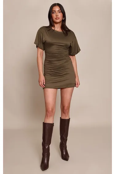 Khaki Jersey Cinched Waist Mini Dress