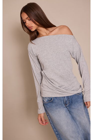 Grey Marl Oversized Slouchy Twist Detail Long Sleeve Top