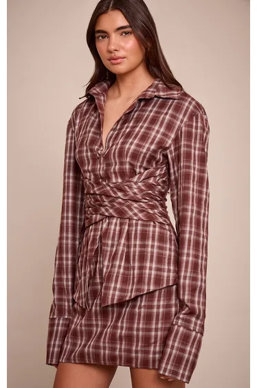 Brown Check Wrap Detail Long Sleeve Shirt Dress