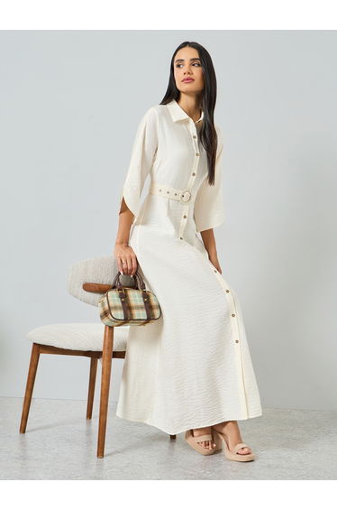 Off-White Solid Shirt Maxi Dress with Belt