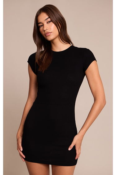 Black Soft Touch Ribbed Cap Sleeve Bodycon Dress product thumbnail 4