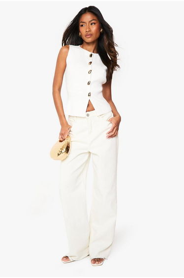 Gold Button Detail Longline Knitted Waistcoat - cream