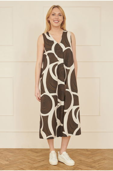 Yumi Brown Cotton Abstract Circle Trapeze Relaxed Dress