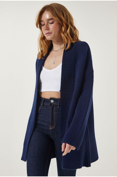 Women's Navy Blue Pocket Thick Textured Knitwear Cardigan