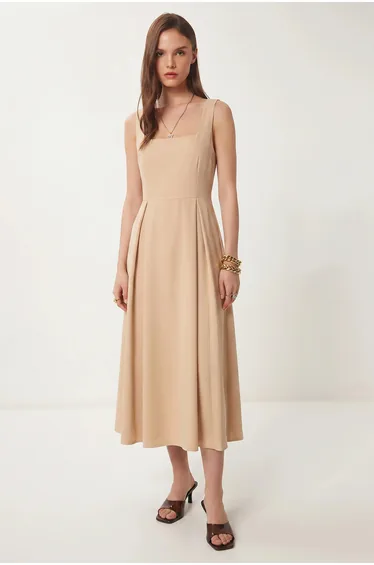 ISTANBUL Square Collar A-Form Midi Dress with Zipper Closure