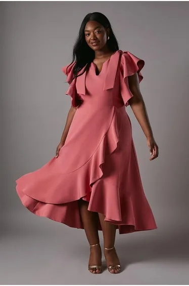 Plus Bow Shoulder Crepe Frill Dress