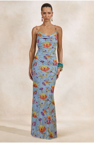 Raisa | Blue Floral Mesh Cowl-Neck Maxi Dress