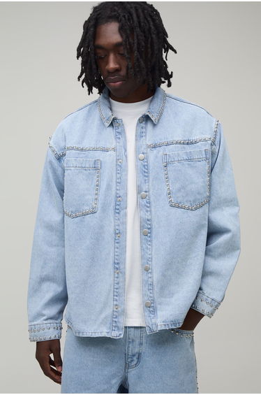 Studded Denim Overshirt - light blue