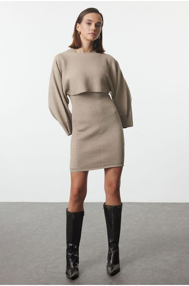 Beige Midi Knitwear Bolero Dress