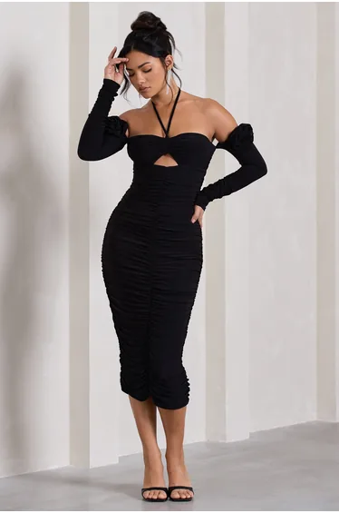 فستان ميدي مزموم بياقة هالتر