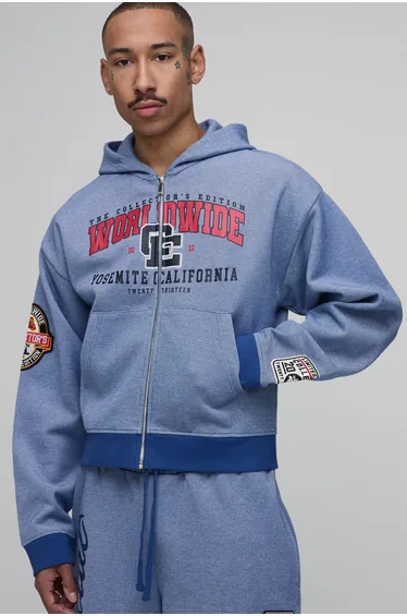Collector's Edtn Shrunken Boxy Badged Pique Zip Thru Hoodie - blue
