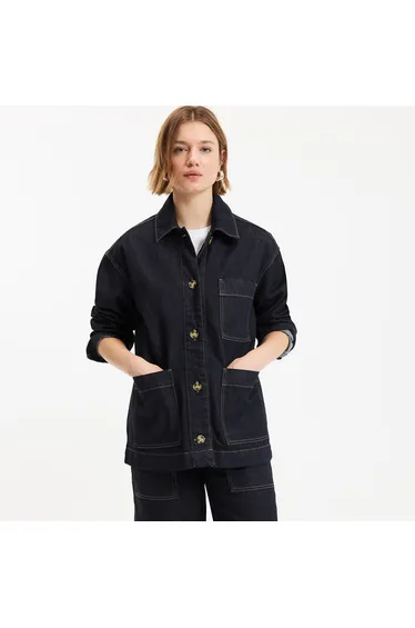 Long Straight Cut Utility Denim Jacket
