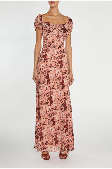 Francesca Peach-Burgundy Floral Cowl-Neck Corset Maxi-Dress