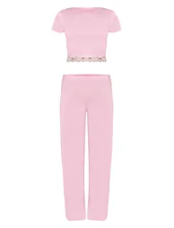 Baby Pink Jersey Lace Trim Long PJ Set - 4