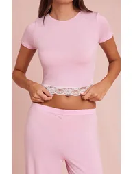 Baby Pink Jersey Lace Trim Long PJ Set - 3