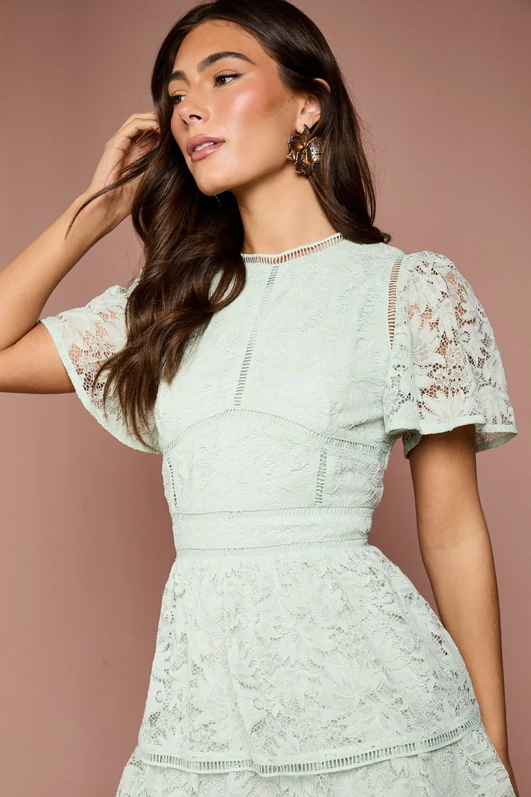 Tiered Lace Dress With Flutter Sleeve & Trims - 2