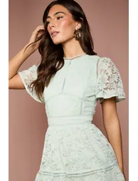 Tiered Lace Dress With Flutter Sleeve & Trims - 2